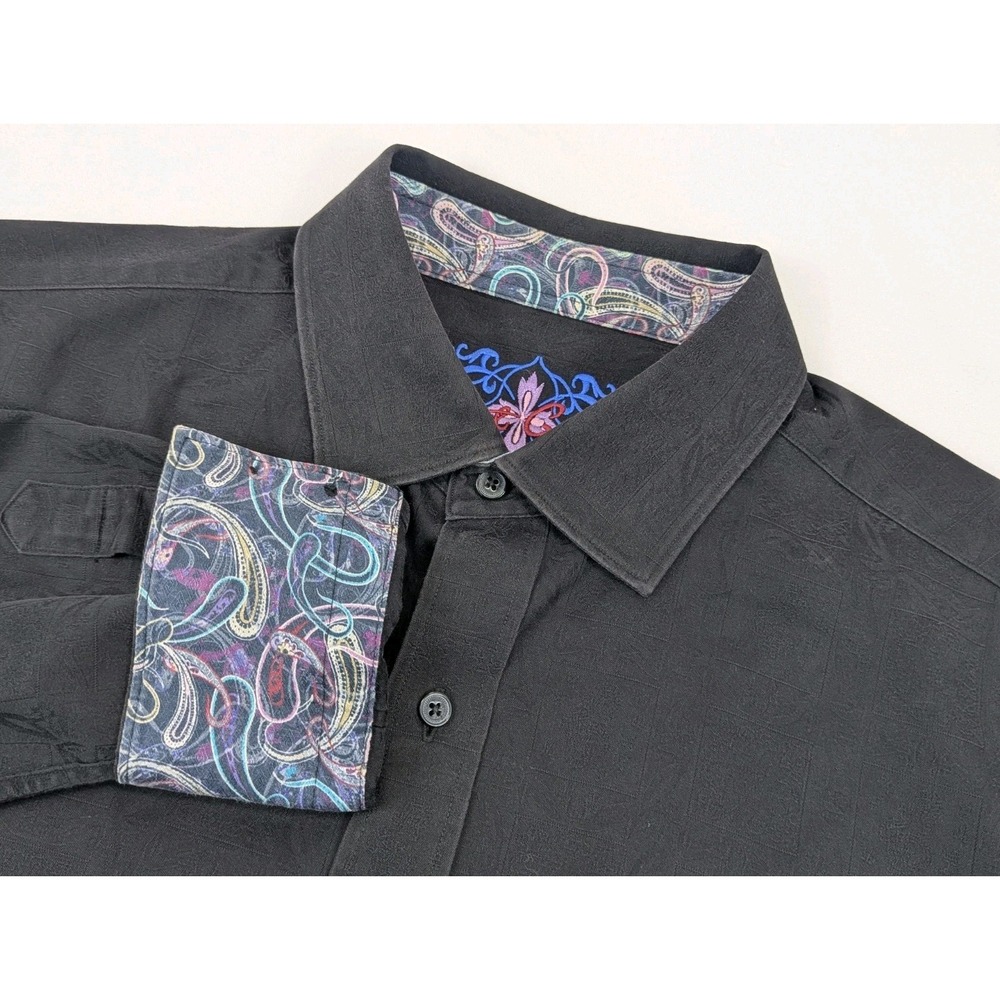 Robert Graham Mens LG Black Embroidered Paisley Flip Cuff Button Shirt Classic